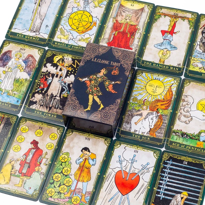Party Games Classic - A.E. ไพ่ทาโรต์คลาสสิกพร้อมคู่มือ ชุดไพ่ทำนายดวงชะตาแบบขอบสี สำหรับการทำนายโชคชะตาและเกมกระดานสำหรับงานปาร์ตี้ 10.3x6.1 ซม.
